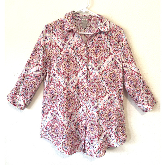Chico’s Linen Shirt Medium Paisley Button Down No Iron Long Sleeve Blouse - Picture 1 of 7